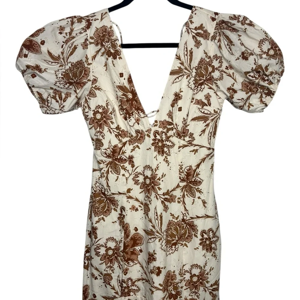 NEW Abercrombie and Fitch Cream Floral Printed Poplin Puff Sleeve Midi Dress XS